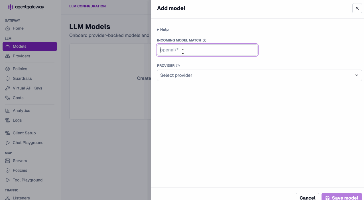 agentgateway v1.3.0 Add model panel mapping an incoming model match to a provider