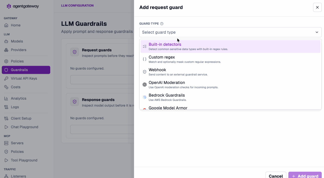 agentgateway v1.3.0 Add request guard panel showing built-in detectors, custom regex, webhook, and provider guardrails