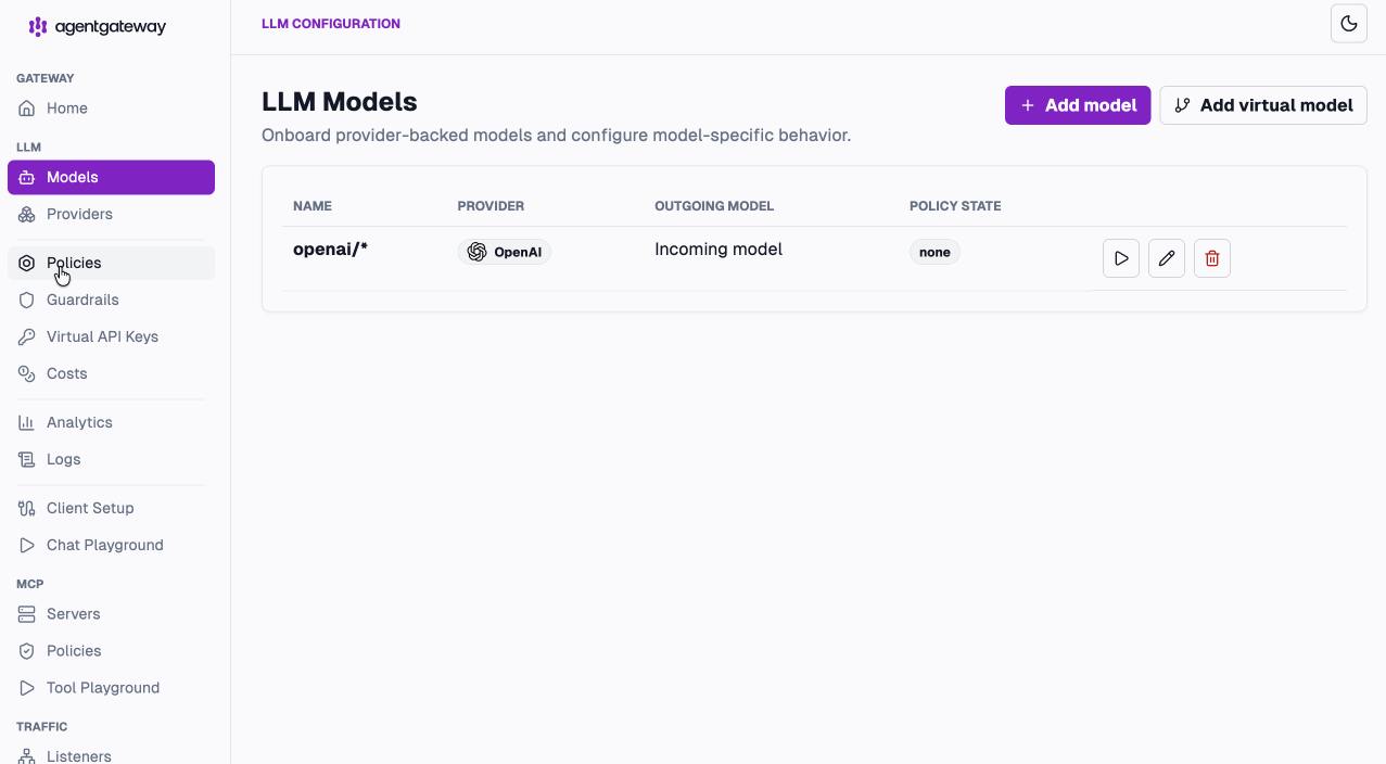 agentgateway v1.3.0 LLM policies and model configuration