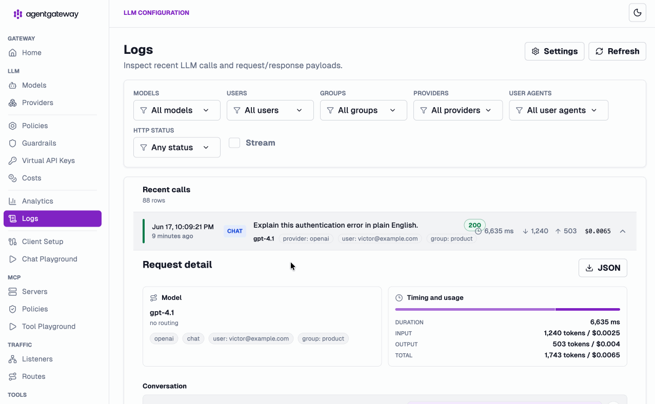 agentgateway v1.3.0 Logs view showing per-request cost, timing, and token usage across LLM, MCP, and A2A calls