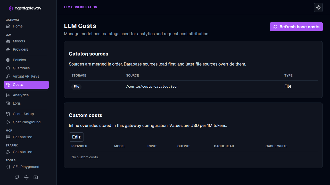 Admin UI LLM Costs page showing catalog sources and custom cost overrides