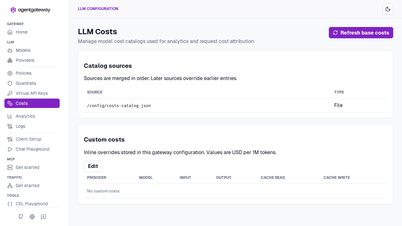 Admin UI LLM Costs page showing catalog sources and custom cost overrides