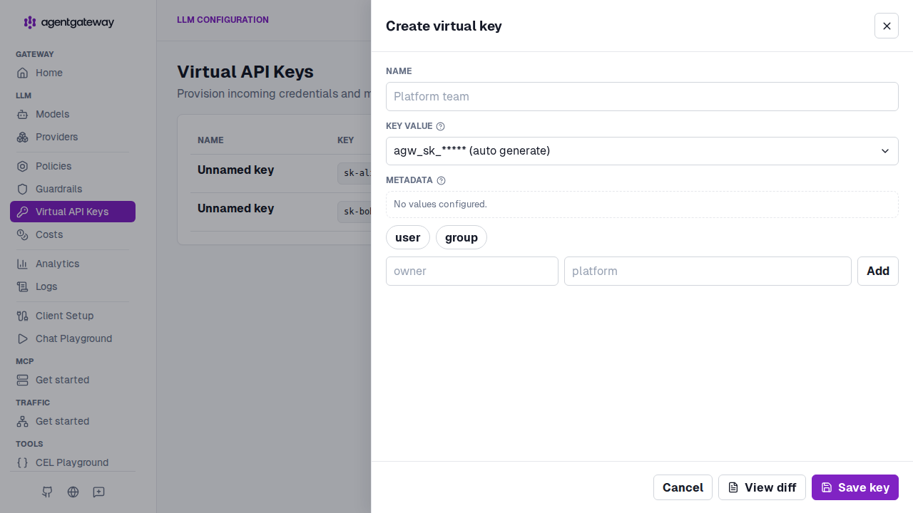 Create virtual key drawer with name, auto-generated key value, and metadata