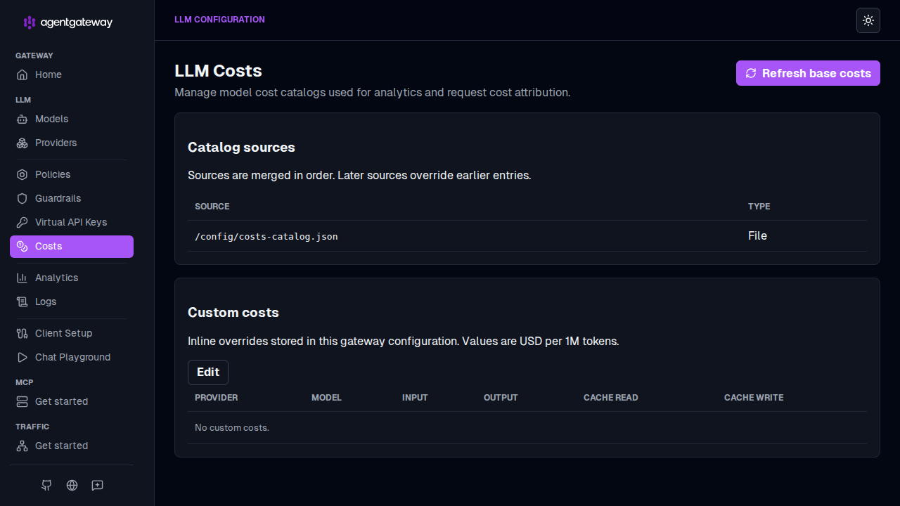 Admin UI LLM Costs page showing catalog sources and custom cost overrides