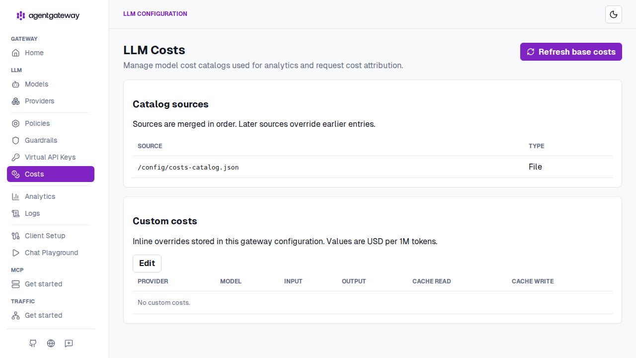 Admin UI LLM Costs page showing catalog sources and custom cost overrides