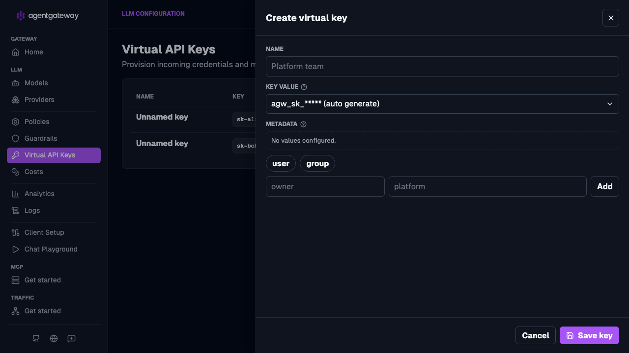 Create virtual key drawer with name, auto-generated key value, and metadata
