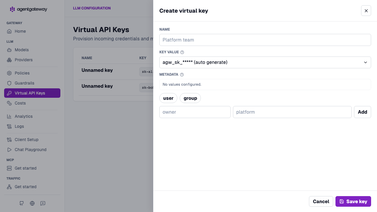 Create virtual key drawer with name, auto-generated key value, and metadata